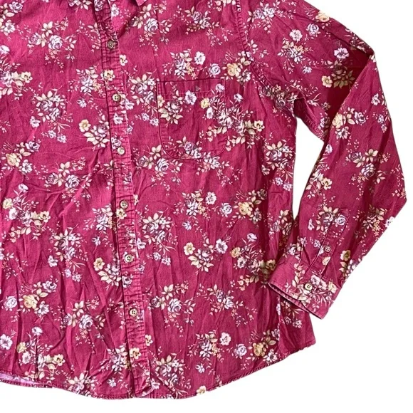 L.L. Bean Women’s Sz M Red Corduroy Floral Button Down Shirt Casual Cottagecore - Picture 5 of 12